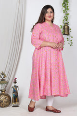 Plus Size Pink Cotton Blend Floral Print Gown-400729
