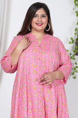 Plus Size Pink Cotton Blend Floral Print Gown-400729