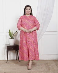 Plus Size Pink Cotton Blend  Goldn Print  Aline Kurta-4100043
