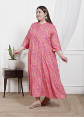 Plus Size Pink Cotton Blend  Goldn Print  Aline Kurta-4100043