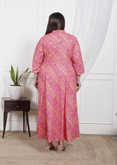 Plus Size Pink Cotton Blend  Goldn Print  Aline Kurta-4100043