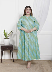 Plus Size Rama Green Cotton Blend  Goldn Print  Aline Kurta-4100044
