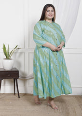 Plus Size Rama Green Cotton Blend  Goldn Print  Aline Kurta-4100044