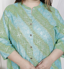 Plus Size Rama Green Cotton Blend  Goldn Print  Aline Kurta-4100044