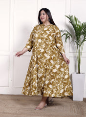 Plus Size Mustard Cotton Blend  Goldn Print  Aline Kurta-4100051