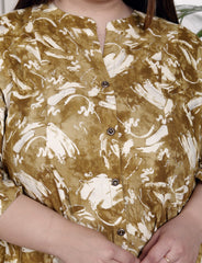 Plus Size Mustard Cotton Blend  Goldn Print  Aline Kurta-4100051