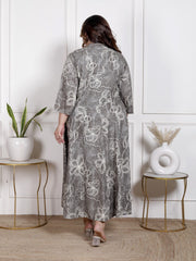 Plus Size Grey Cotton Blend  Goldn Print  Aline Kurta-4100058