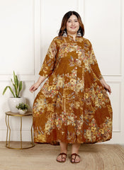 Plus Size Mustard Cotton Blend  Goldn Print  Aline Kurta-4100060