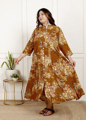 Plus Size Mustard Cotton Blend  Goldn Print  Aline Kurta-4100060
