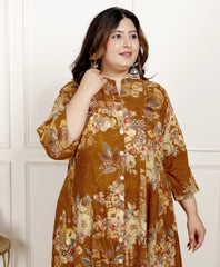 Plus Size Mustard Cotton Blend  Goldn Print  Aline Kurta-4100060