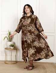 Plus Size Brown Cotton Blend  Goldn Print  Aline Kurta-4100061