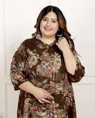 Plus Size Brown Cotton Blend  Goldn Print  Aline Kurta-4100061