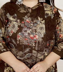 Plus Size Brown Cotton Blend  Goldn Print  Aline Kurta-4100061