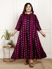 Plus Size Maroon Cotton Blend  Goldn Print  Aline Kurta-4100064
