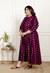 Plus Size Maroon Cotton Blend  Goldn Print  Aline Kurta-4100064