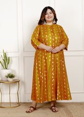 Plus Size Mustard Cotton Blend  Goldn Print  Aline Kurta-4100065