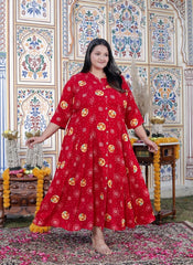 Plus Size Red Cotton Blend  Golden Print  Aline Kurta-410070