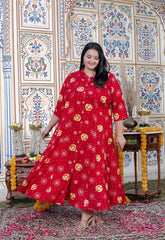 Plus Size Red Cotton Blend  Golden Print  Aline Kurta-410070