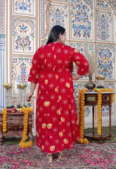 Plus Size Red Cotton Blend  Golden Print  Aline Kurta-410070