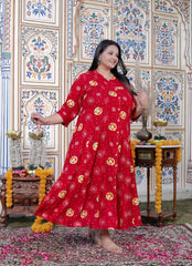 Plus Size Red Cotton Blend  Golden Print  Aline Kurta-410070