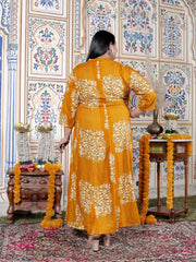 Plus Size Mustard Cotton Blend Golden Print Aline Kurta-410071