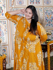 Plus Size Mustard Cotton Blend Golden Print Aline Kurta-410071