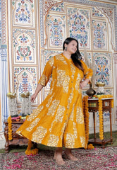Plus Size Mustard Cotton Blend Golden Print Aline Kurta-410071