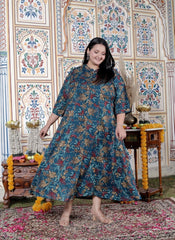 Plus Size Teal Blue Cotton Blend Golden Print Aline Kurta-410072