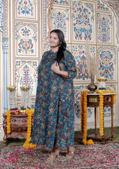 Plus Size Teal Blue Cotton Blend Golden Print Aline Kurta-410072