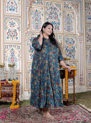 Plus Size Teal Blue Cotton Blend Golden Print Aline Kurta-410072