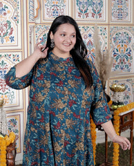 Plus Size Teal Blue Cotton Blend Golden Print Aline Kurta-410072