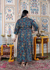 Plus Size Teal Blue Cotton Blend Golden Print Aline Kurta-410072
