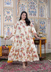 Plus Size Off White Cotton Blend Golden Print Aline Kurta-410073