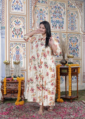 Plus Size Off White Cotton Blend Golden Print Aline Kurta-410073