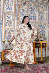 Plus Size Off White Cotton Blend Golden Print Aline Kurta-410073