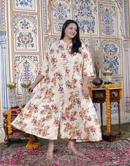 Plus Size Off White Cotton Blend Golden Print Aline Kurta-410073