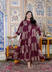 Plus Size Purple Cotton Blend Golden Print Aline Kurta-410074