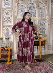 Plus Size Purple Cotton Blend Golden Print Aline Kurta-410074