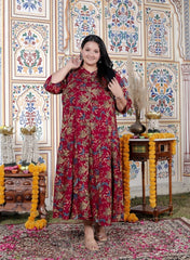 Plus Size Maroon Cotton Blend Golden Print Aline Kurta-410075
