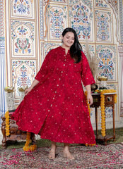 Plus Size Red Cotton Blend Golden Print Aline Kurta-410076