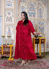 Plus Size Red Cotton Blend Golden Print Aline Kurta-410076