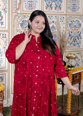 Plus Size Red Cotton Blend Golden Print Aline Kurta-410076