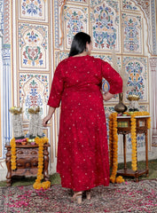 Plus Size Red Cotton Blend Golden Print Aline Kurta-410076