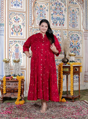 Plus Size Red Cotton Blend Golden Print Aline Kurta-410076