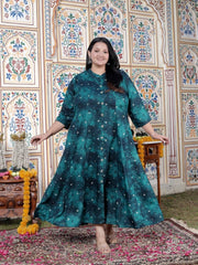 Plus Size Teal Blue Cotton Blend Golden Print Aline Kurta-410077