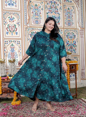 Plus Size Teal Blue Cotton Blend Golden Print Aline Kurta-410077