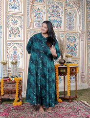 Plus Size Teal Blue Cotton Blend Golden Print Aline Kurta-410077