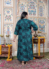 Plus Size Teal Blue Cotton Blend Golden Print Aline Kurta-410077