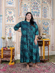 Plus Size Teal Blue Cotton Blend Golden Print Aline Kurta-410077