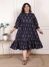 Plus Size Blue Cotton Flared Frock Style-600001